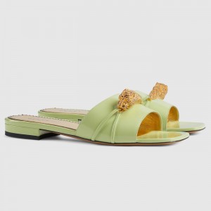 Gucci Slide Sandals in Light Green Leather with Snake Hardware