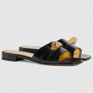 Gucci Slide Sandals in Black Leather with Snake Hardware
