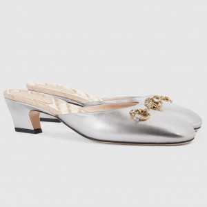 Gucci Horsebit Mules in Silver Metallic Leather with Crystals