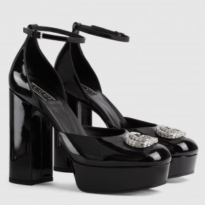 Gucci Platform Pumps in Black Patent Lether with Crystals G