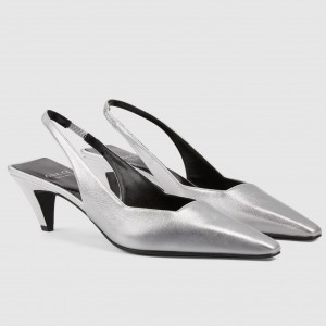 Gucci Slingback Pumps 55mm in Silver Metallic Leather