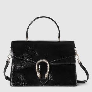 Gucci Dionysus Medium Top Handle Bag in Black Patent Leather