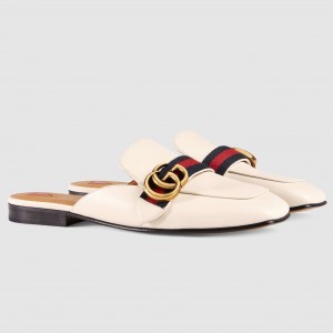 Gucci Women's Slippers in White Leaher with Signature Web