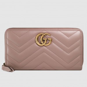 Gucci GG Marmont Zip Around Wallet In Dusty Pink Matelasse Leather