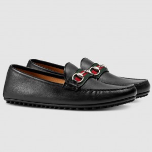 Gucci Horsebit Drive Loafers in Black Leather with Web