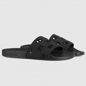 Gucci Women's Slide Sandals in Black Rubber GG