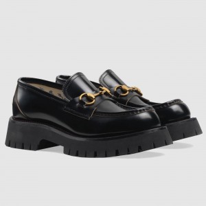 Gucci Women's Horsebit Loafers in Black Leather with Lug Sole