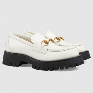 Gucci Women's Horsebit Loafers in White Leather with Lug Sole