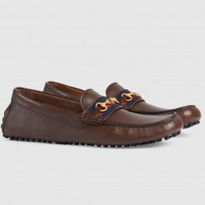 Gucci Interlocking G Horsebit Drive Loafers in Brown Leather with Web