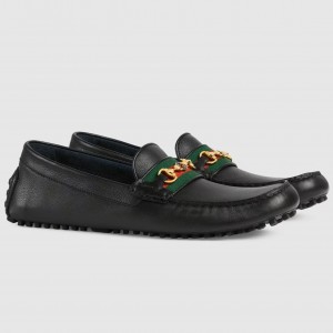 Gucci Interlocking G Horsebit Drive Loafers in Black Leather with Web