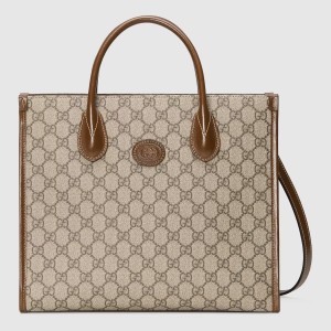 Gucci Small Tote Bag in Beige GG Supreme Canvas with Brown Leather
