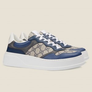 Gucci Men's Sneakers in Beige GG Canvas with Blue Leather