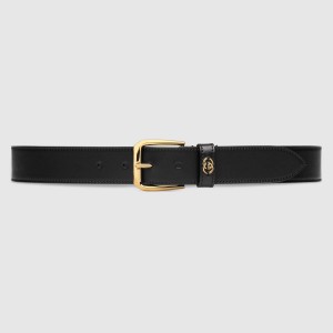 Gucci Black Leather Belt 35MM with Square Buckle and Interlocking G