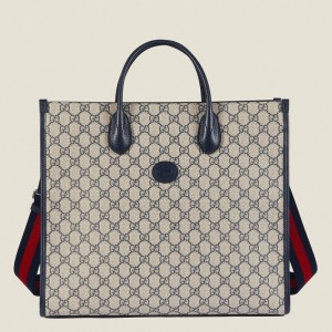 Gucci Medium Tote Bag in Blue GG Supreme Canvas with Blue Leather