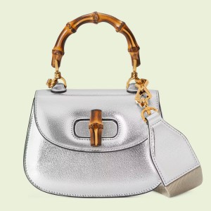 Gucci Bamboo 1947 Mini Top Handle Bag in Silver Metallic Leather