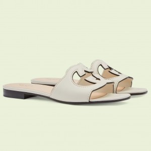 Gucci Interlocking G Cut-out Slide Sandals in White Leather